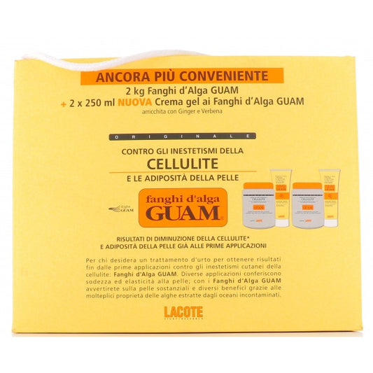 2 VASI FANGHI D'ALGA GUAM DA 1 CHILO + 2 TUBI CREMA GEL DA 250 ML