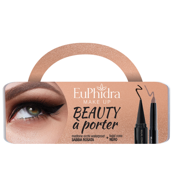 EUPHIDRA COFANETTO BEAUTY A PORTER: MATITONE OCCHI WATERPROOF SABBIA ROSATA + KAJAL CONO NERO + ASTUCCIO PORTAPENNE IN LATTA COLORATA
