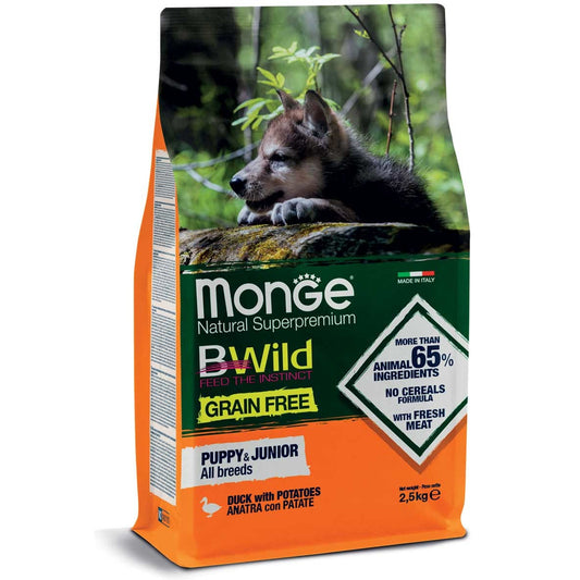Monge B Wild Grain Free Anatra Con Patate Cibo Secco Per Cani Cuccioli Sacco 2,5 Kg