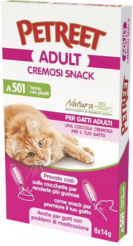 Petreet Adult Cremosi Tonno Pinne Gialle/Piselli Snack Per Gatti Adulti 6x14g