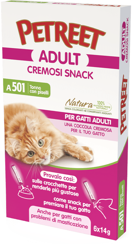Petreet Adult Cremosi Tonno Pinne Gialle/Piselli Snack Per Gatti Adulti 6x14g