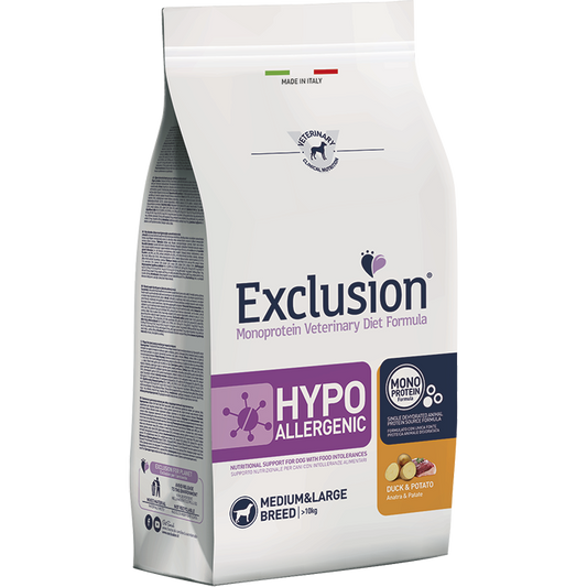 Exclusion Monoprotein Veterinary Diet Formula Hypoallergenic Crocchette Anatra/Patate Per Cani Taglia Media/Grande Sacco 2kg