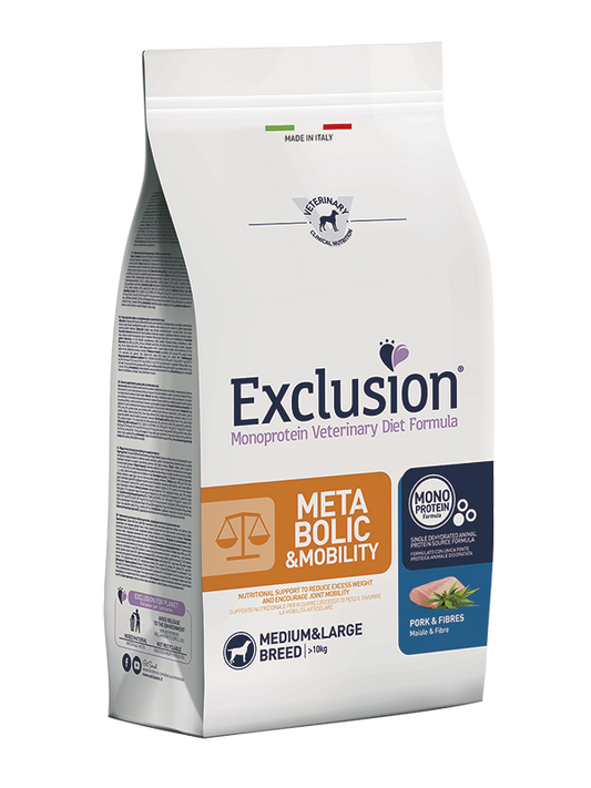 Exclusion Monoprotein Veterinary Diet Formula Metabolic & Mobility Crocchette Con Maiale/Fibre Per Cani Adulti Taglia Medio/Grande Sacco 12kg