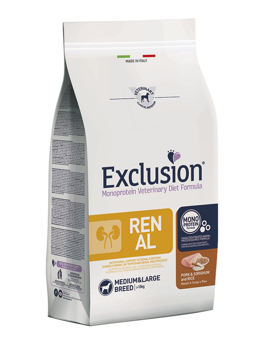 Exclusion Monoprotein Veterinary Diet Formula Renal Crocchette Con Maiale/Sorgo/Riso Per Cani Adulti Taglia Medio/Grande Sacco 2kg