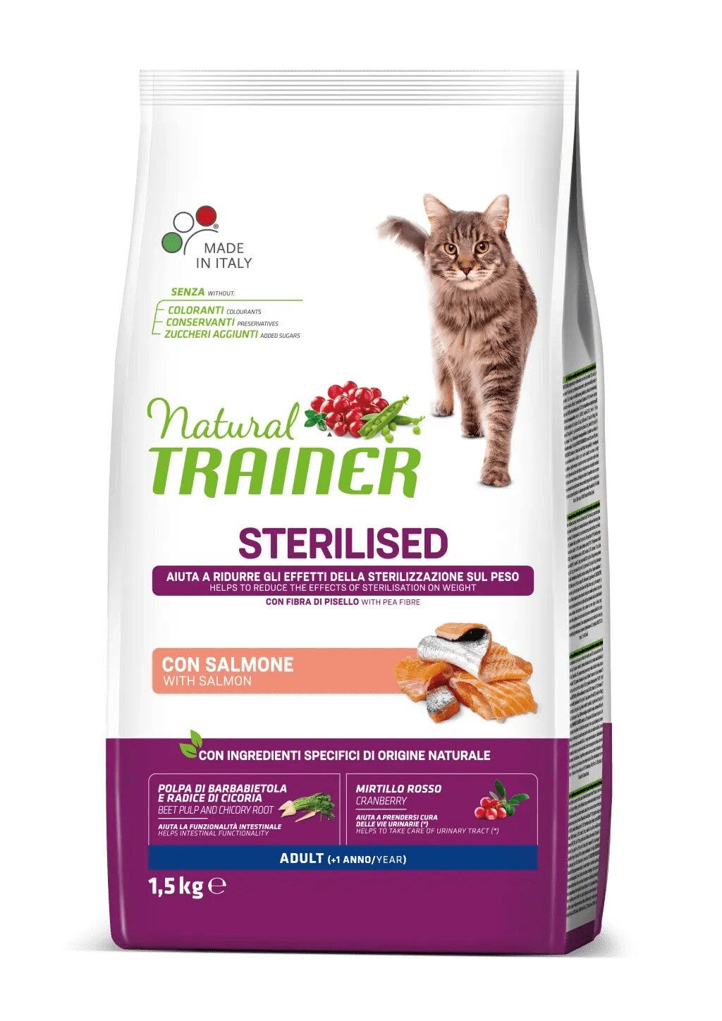 Natural Trainer Sterilised Crocchette Con Salmone Per Gatti Adulti Sacco 1,5kg