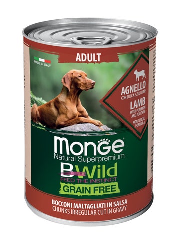 Monge Natural Super Premium Bwild Grain Free Formula All Breeds Gusto Agnello Zucca Zucchine Cibo Umido Cani Adulti Lattina 400g