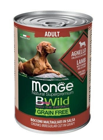 Monge Natural Super Premium Bwild Grain Free Formula All Breeds Gusto Agnello Zucca Zucchine Cibo Umido Cani Adulti Lattina 400g