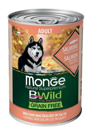Monge B Wild Grain Free All Breeds Con Salmone Zucca Zucchine Cibo Umido Cani Adulti 400g