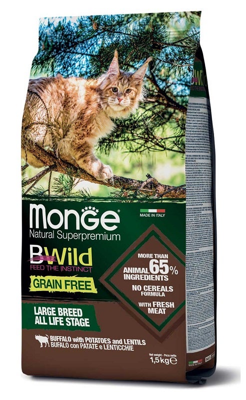 Monge B Wild Grain Free All Life Stage Large Breed Con Bufalo Patate Lenticchie Cibo Secco Gatti Sacco 1,5 Kg