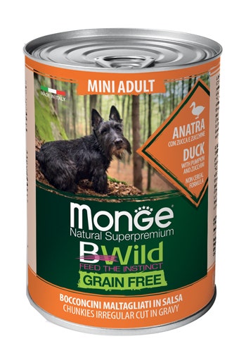 Monge B Wild Grain Free Adult Con Anatra Zucca Zucchine Cibo Umido Cani Piccola Taglia Lattina 400g