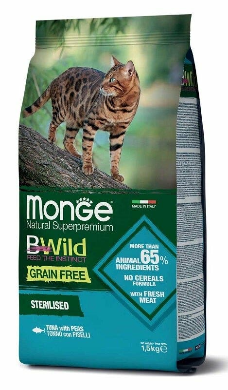 Monge B Wild Grain Free Sterilised Con Tonno e Piselli Cibo Secco Gatti Sterilizzati Sacco 1,5Kg