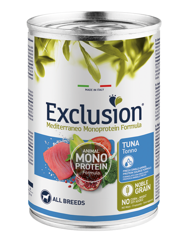 Exclusion Mediterraneo Monoprotein Noble Grain Umido Al Tonno Per Cani Lattina 400gr