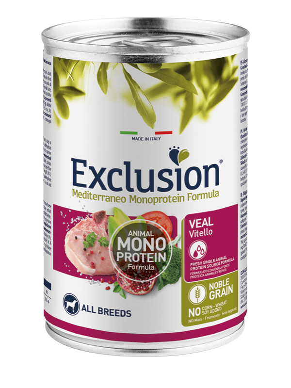 Exclusion Mediterraneo Monoprotein Noble Grain Cibo Umido Vitello Per Cani Adulti Lattina 400g