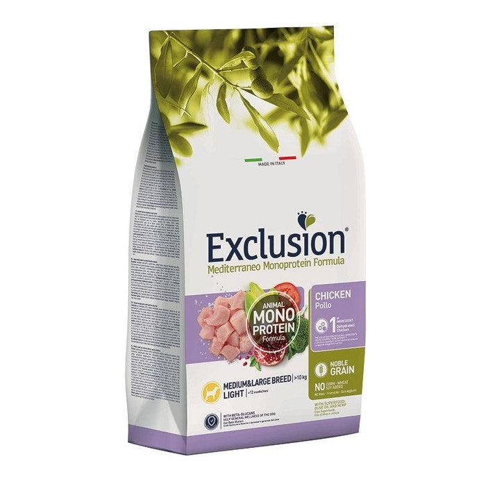 Exclusion Mediterraneo Monoprotein Noble Grain Crocchette Pollo Light Per Cani Sacco 12kg