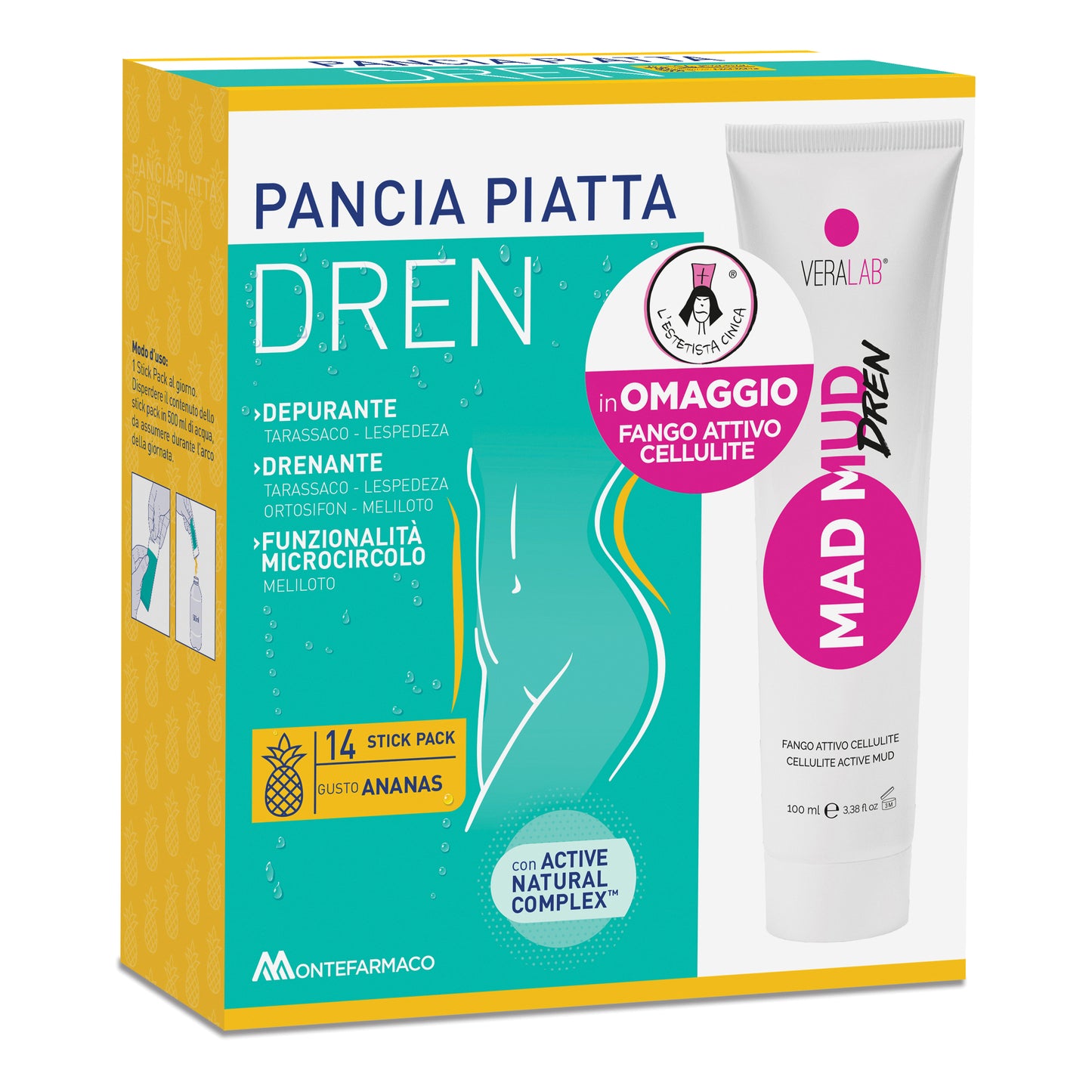 PANCIA PIATTA DREN ANANAS 14 BUSTINE + MAD MUD DREN 100ML