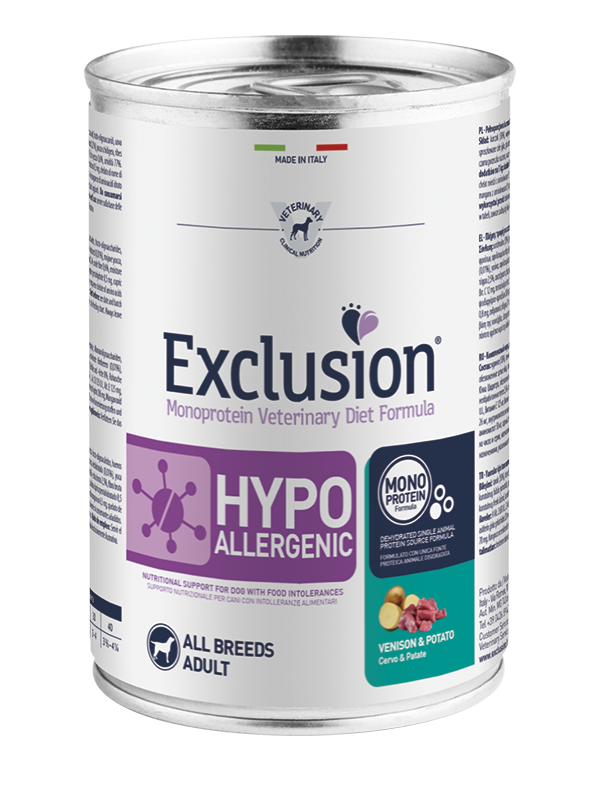 Exclusion Monoprotein Veterinary Diet Formula Hypoallergenic Cibo Umido Cervo E Patate Per Cani Adulti Lattina 400g