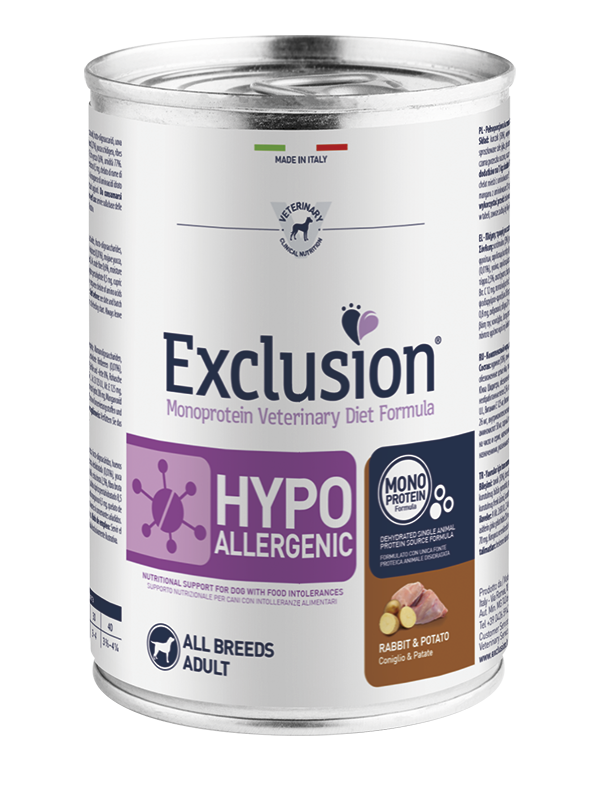 Exclusion Veterinary Diet Formula Hypoallergenic Per Cani Coniglio/Patate Lattina 400gr