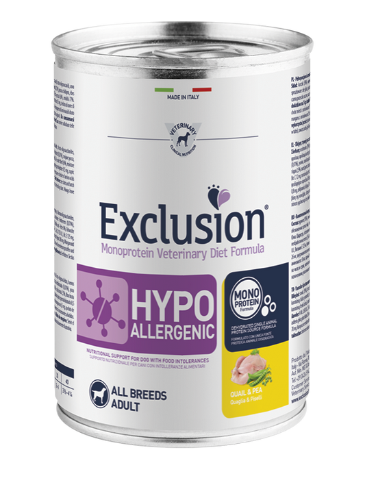 Exclusion Monoprotein Veterinary Diet Formula Hypoallergenic Umido Quaglia/Piselli Per Cani Adulti Lattina 400g