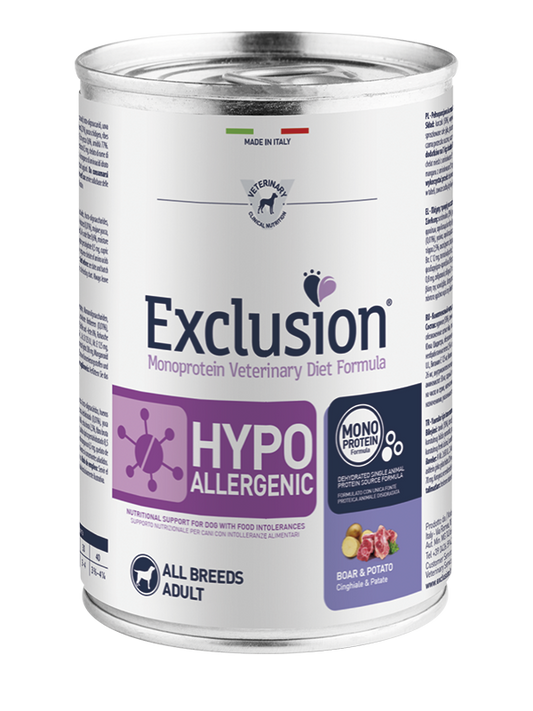 Exclusion Veterinary Diet Formula Hypoallergenic Per Cani Cinghiale/Patate Lattina 400gr