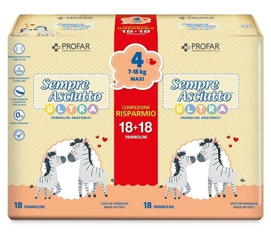 Pannolini sempre asciutto ultra maxi 7/18 kg bipacco 18+18 pezzi