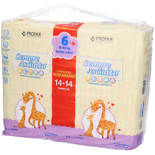 PROFAR Sempre Asciutto Ultra Confezione Risparmio Taglia 6 (15-30 kg) 14+14 pannolini