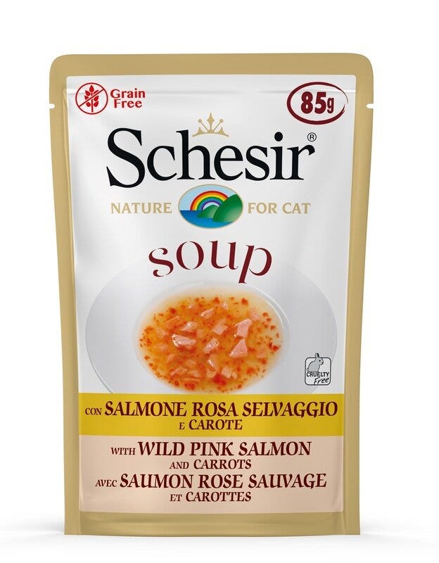Schesir Soup Gatto Adulto Salmone Rosa Selvaggio E Carote Busta 85g