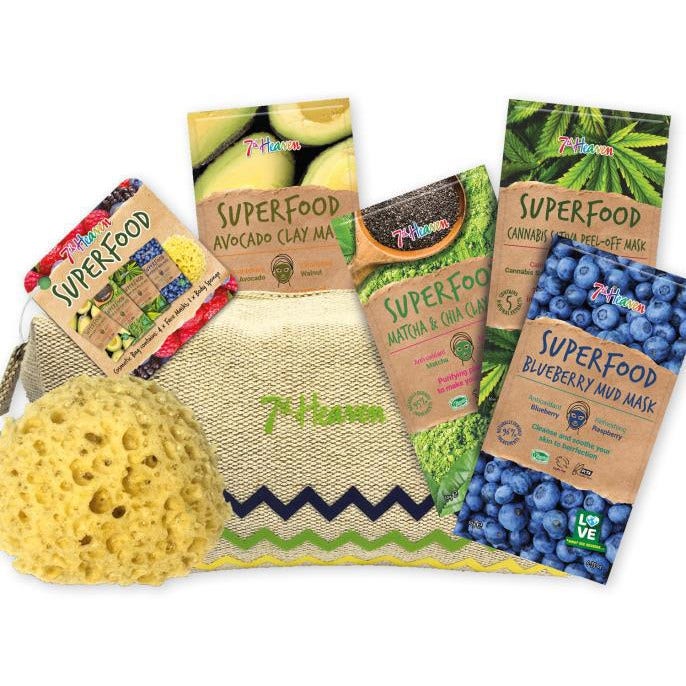 7th Heaven Superfood Gift Set 4 Maschere + 1 Spugna + 1 Borsa In Lino