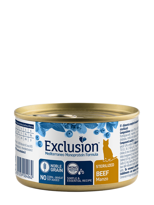 Exclusion Mediterraneo Monoprotein Noble Grain Umido Per Gatti Sterilizzati Al Manzo Lattina 85gr