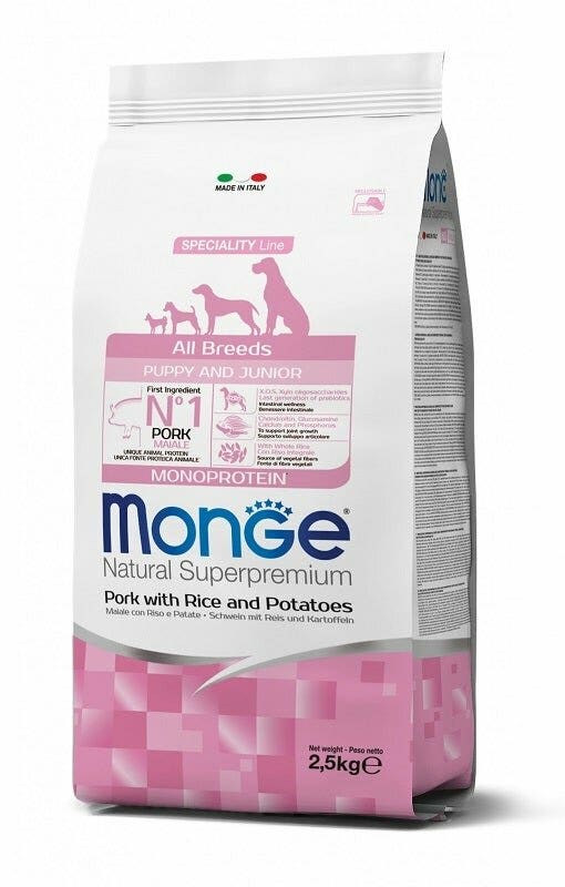 Monge Natural Superpremium All Breeds Maiale Con RIso Patate Cibo Secco Cani Cuccioli Sacco 2,5Kg