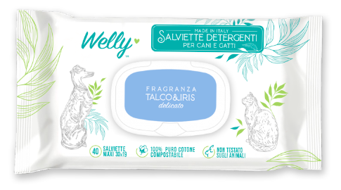 Welly Salviette Detergenti Delicate Talco & Iris Per Cani E Gatti 40 Pezzi