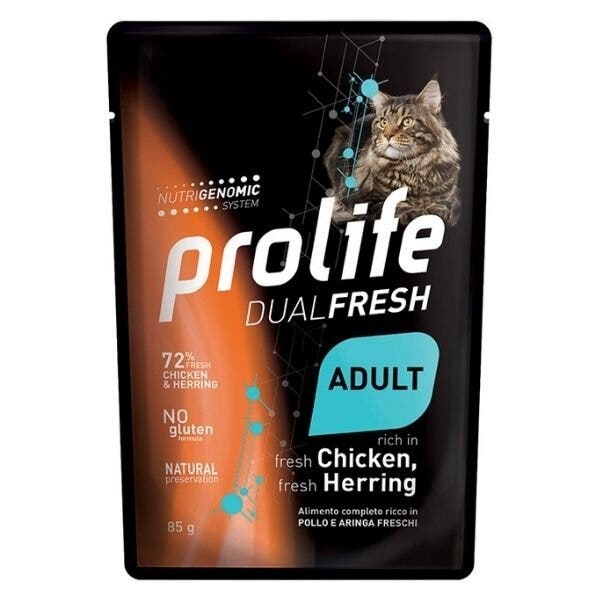 Prolife Dual Fresh Pollo E Aringa Freschi Cibo Umido Per Gatti Adulti Bustina 85g
