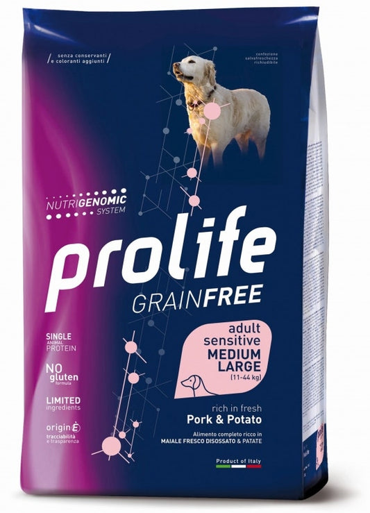 Prolife Dog Grain Free Sensitive Pork & Potato Cibo Secco Per Cani Adulti Taglia Media/Grande Sacco 10 Kg
