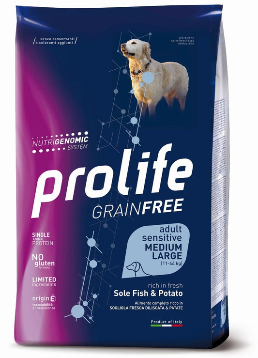 Prolife Dog Grain Free Sensitive Sole Fish & Potato Cibo Secco Per Cani Adulti Taglia Media/Grande Sacco 10 Kg
