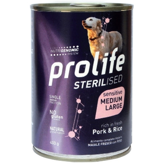 Prolife Sterilised Maiale Fresco Con Riso Cibo Umido Per Cani Adulti Taglia Media/Grande Lattina 400g