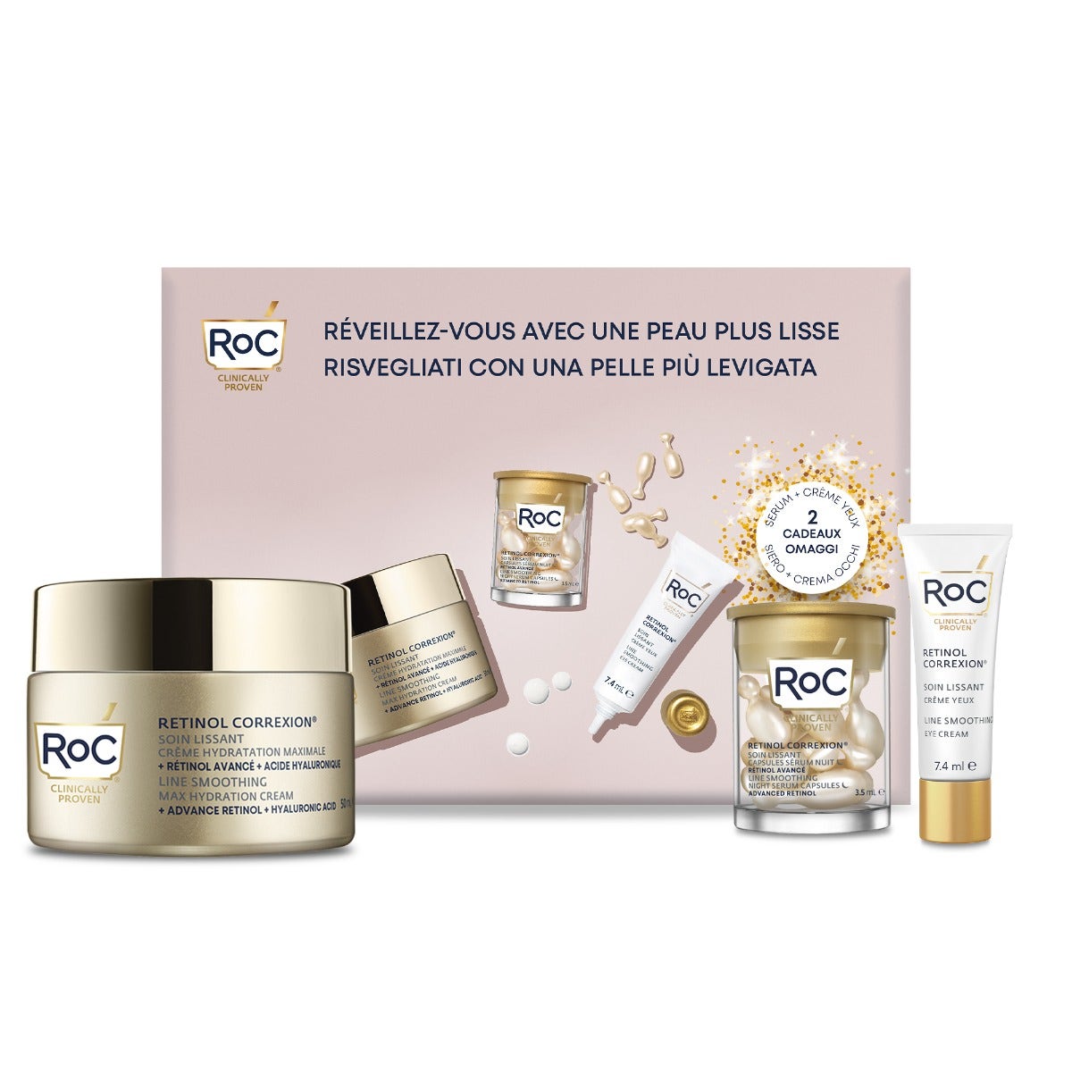 Roc Cofanetto Retinol Correxion Line Smoothing Crema Viso 50ml + Contorno Occhi 7,4ml + Siero Notte 10 Capsule