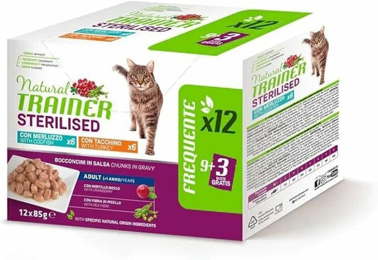Natural Trainer Gatto Multipack Sterilised con Tacchino e Merluzzo Bocconcini in Salsa 12x85g