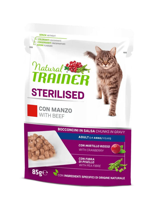 Natural Trainer Gatto Sterilised Adult con Manzo Bocconcini In Salsa 85g