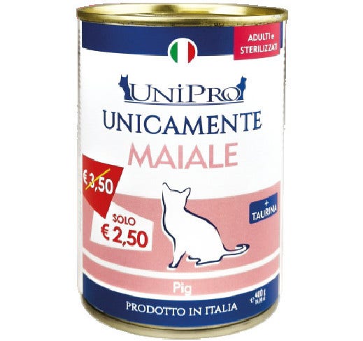 Unipro Unicamente Maiale Cibo Umido Gatti Adulti Sterilizzati Barattolo 400g