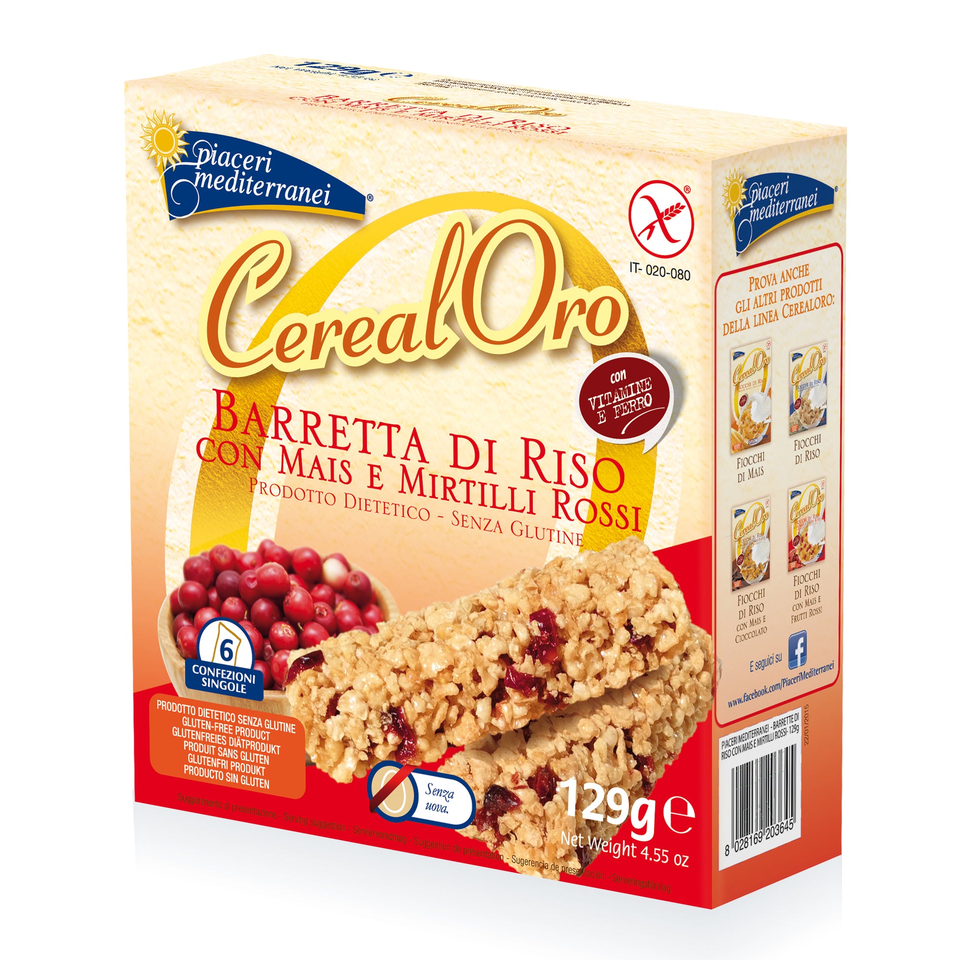 PIACERI MEDITERRANEI Cerealoro Barr.Riso Mais Mirtilli 129g