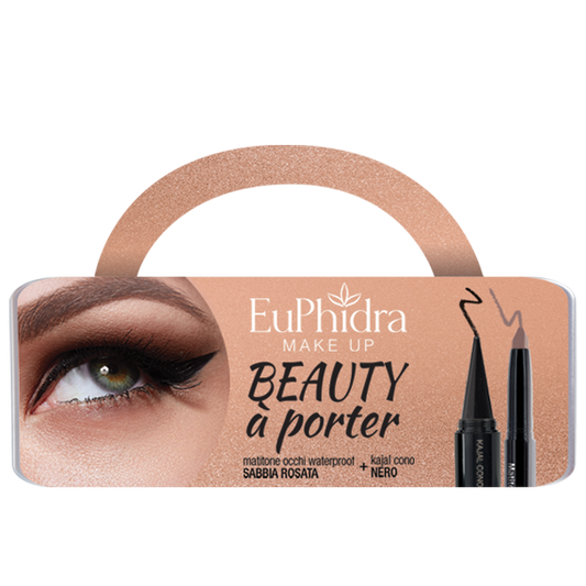 EUPHIDRA COFANETTO BEAUTY A PORTER: MATITONE OCCHI WATERPROOF SABBIA ROSATA + KAJAL CONO NERO + ASTUCCIO PORTAPENNE IN LATTA COLORATA