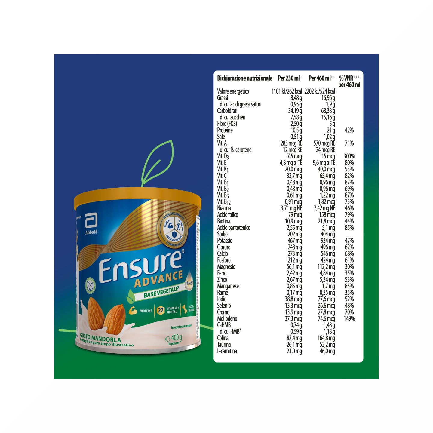 Ensure Advance Base Vegetale Integratore alimentare con Proteine Vegetali Gusto Mandorla 400g