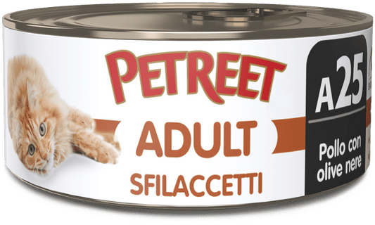 Petreet Adult Sfilaccetti Pollo Con Olive Nere Cibo Umido Per Gatti Lattina 70g
