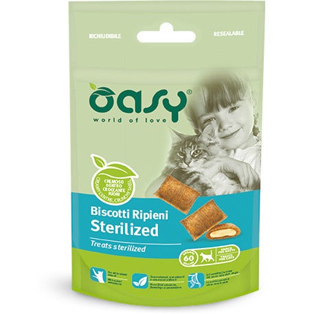 Oasy Wet Cat Snack Biscotti Ripieni Al Pollo Gatti Sterilizzati 60g