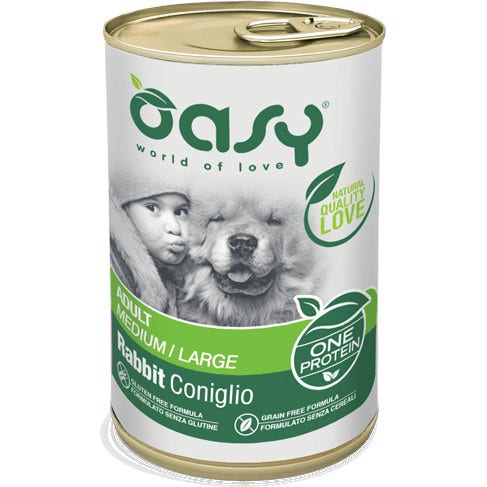 Oasy Wet Dog One Animal Protein Coniglio Cibo Umido Cani Adulti Taglia Media/Grande Lattina 400g