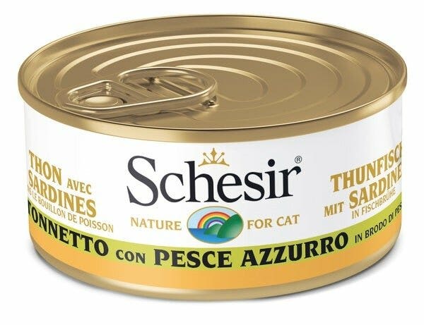 Schesir Tonnetto Con Pesce Azzurro In Brodo Di Pesce Cibo Umido Gatti Adulti Lattina 70g