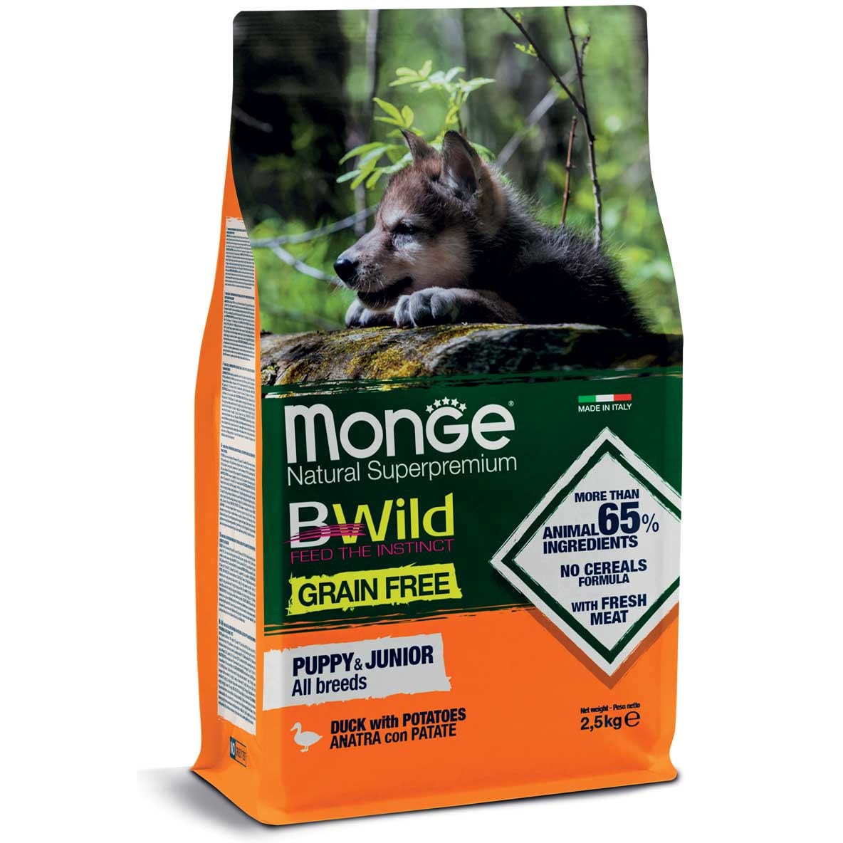 Monge B Wild Grain Free Anatra Con Patate Cibo Secco Per Cani Cuccioli Sacco 2,5 Kg