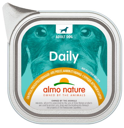 Almo Nature Daily Menù Cibo Umido Pollo/Prosciutto/Formaggio Per Cani Adulti Vaschetta 100g