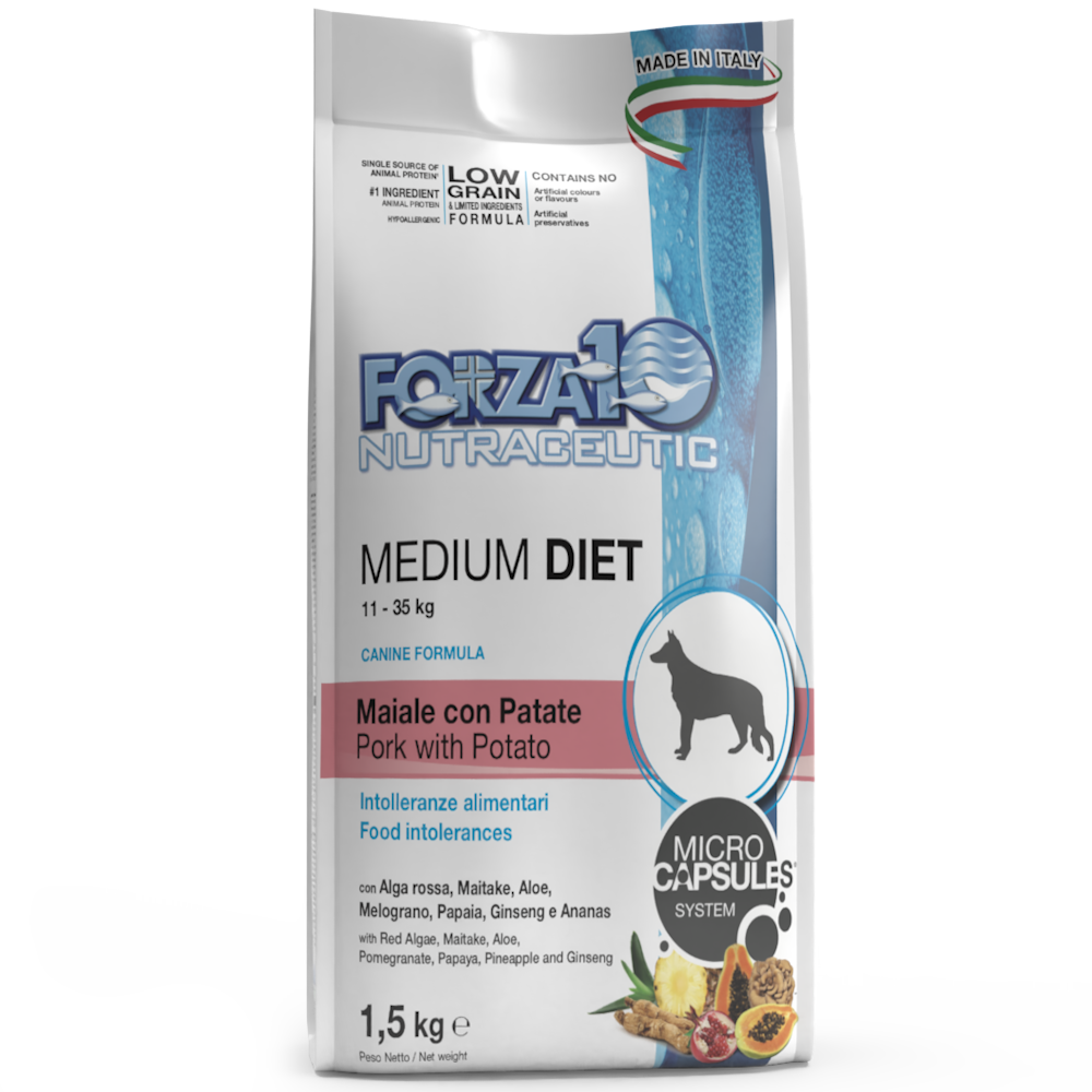Forza10 Medium Diet Crocchette Al Maiale Con Patate Cani Adulti Taglia Media Sacco 1,5kg