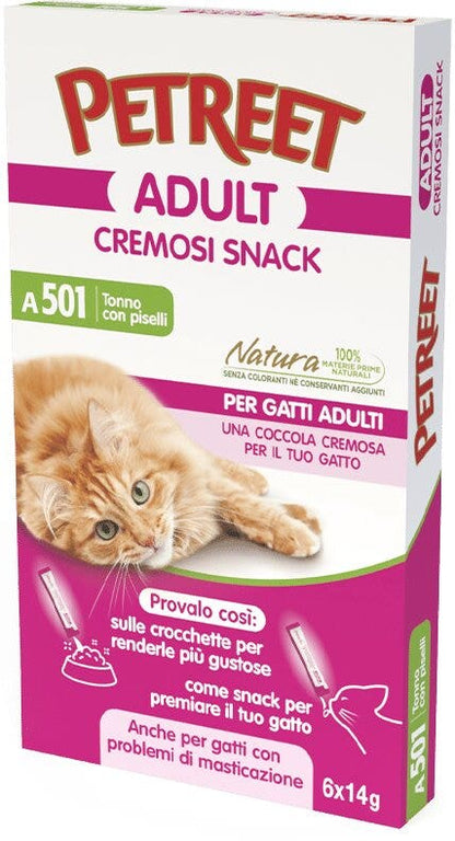 Petreet Adult Cremosi Tonno Pinne Gialle/Piselli Snack Per Gatti Adulti 6x14g