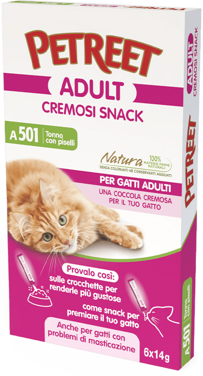 Petreet Adult Cremosi Tonno Pinne Gialle/Piselli Snack Per Gatti Adulti 6x14g